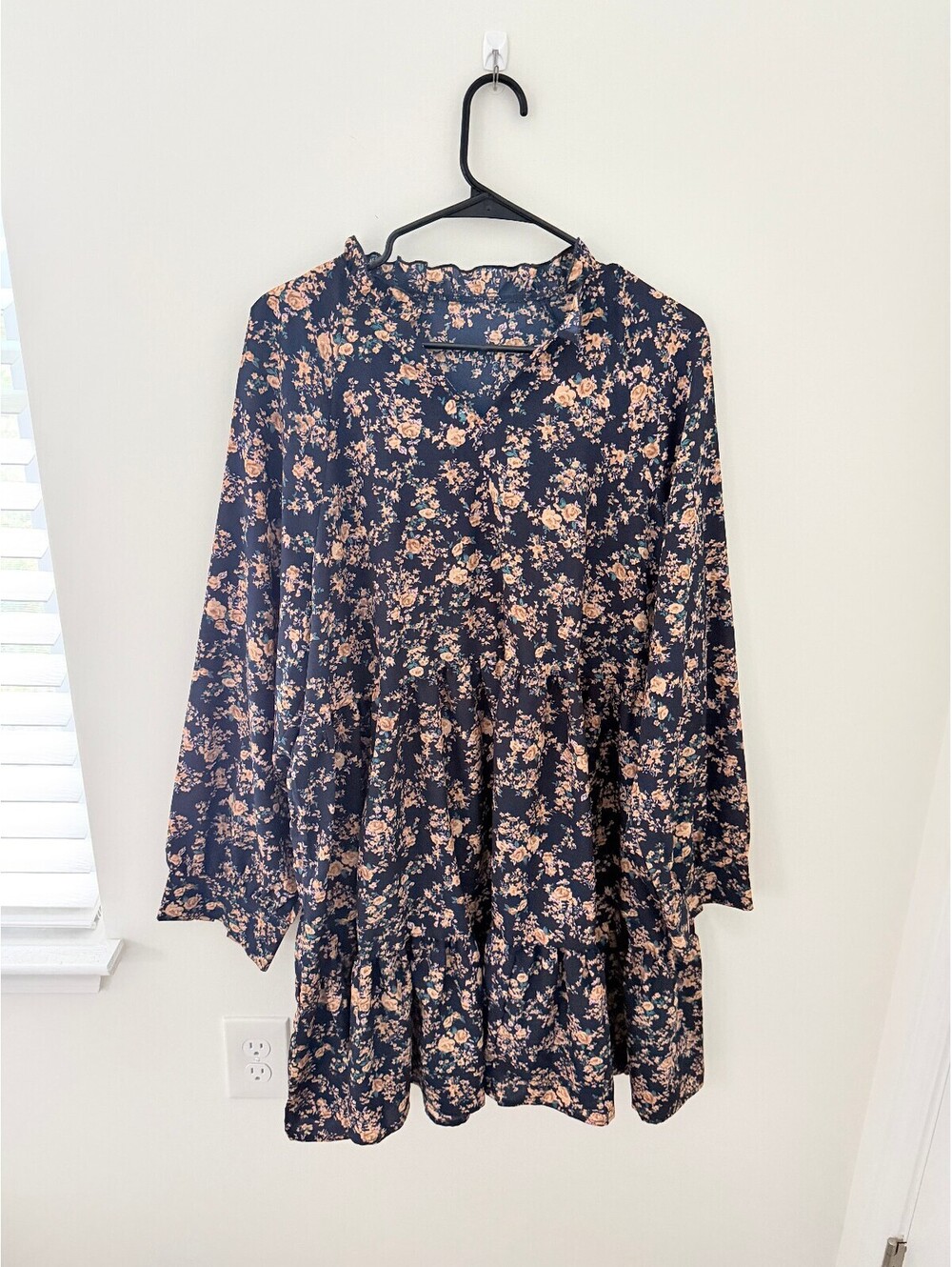 Women's XXL Navy Floral Babydoll Mini Dress Cottagecore Boho Long Sleeve